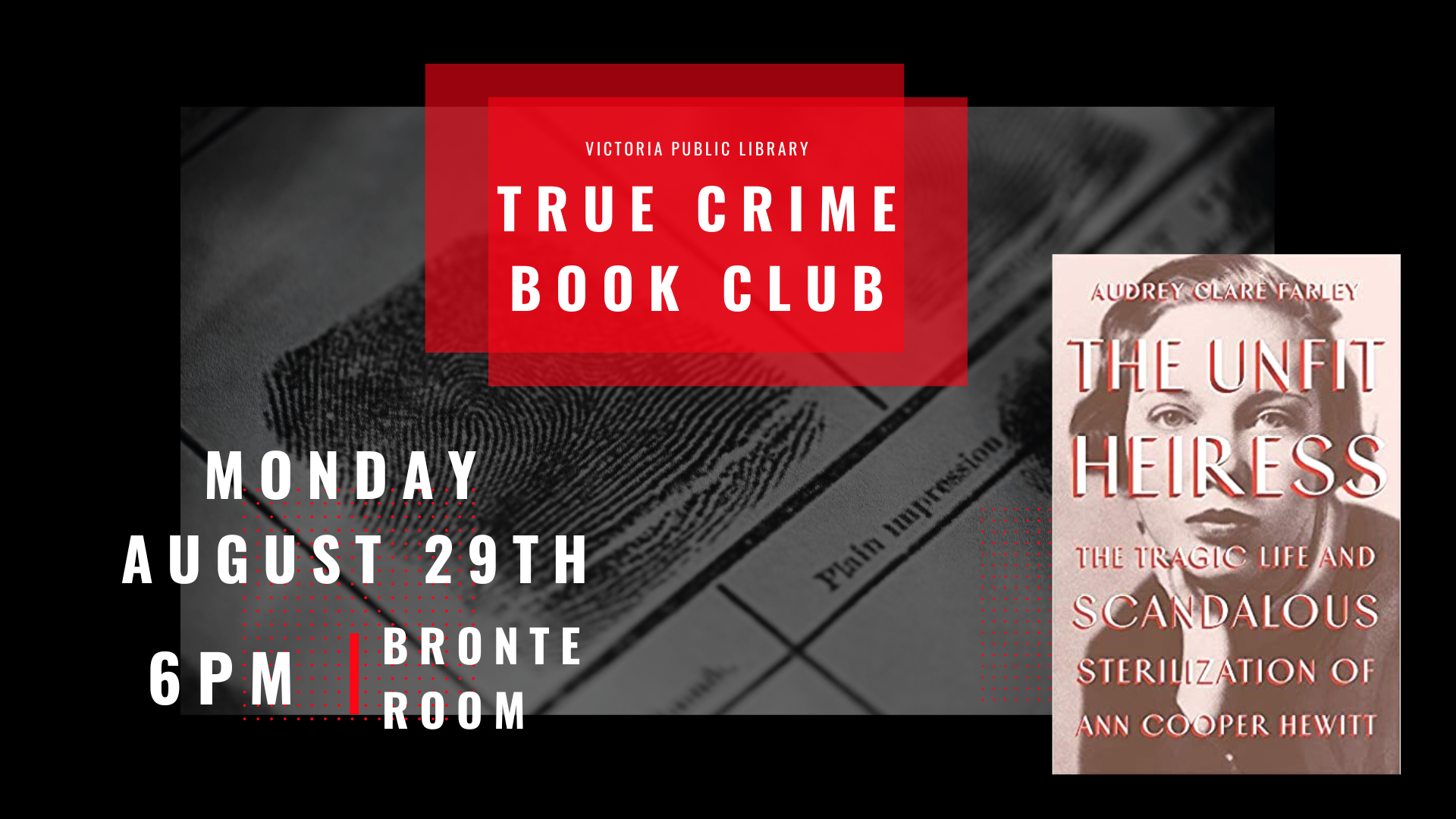 True Crime Book Club, August 29 at 6pm, The Unfit Heiress by Audrey Clare Farley