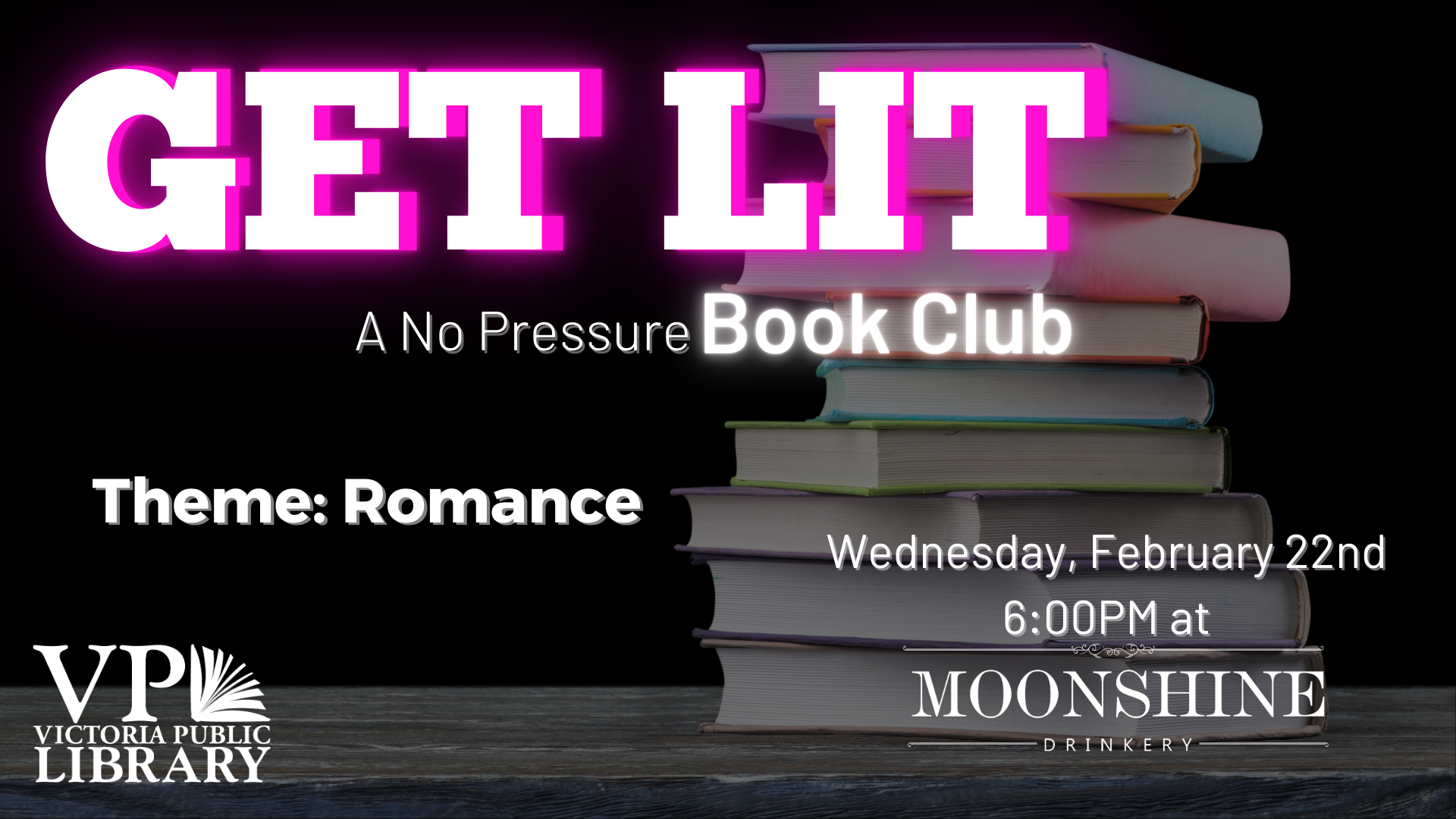 Get Lit, No pressure book club, February 22 at 6pm, Moonshine Drinkery
