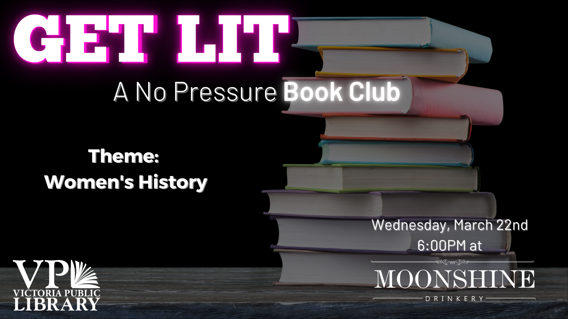 No Pressure Book Club, March 22nd at 6pm, offsite at Moonshine