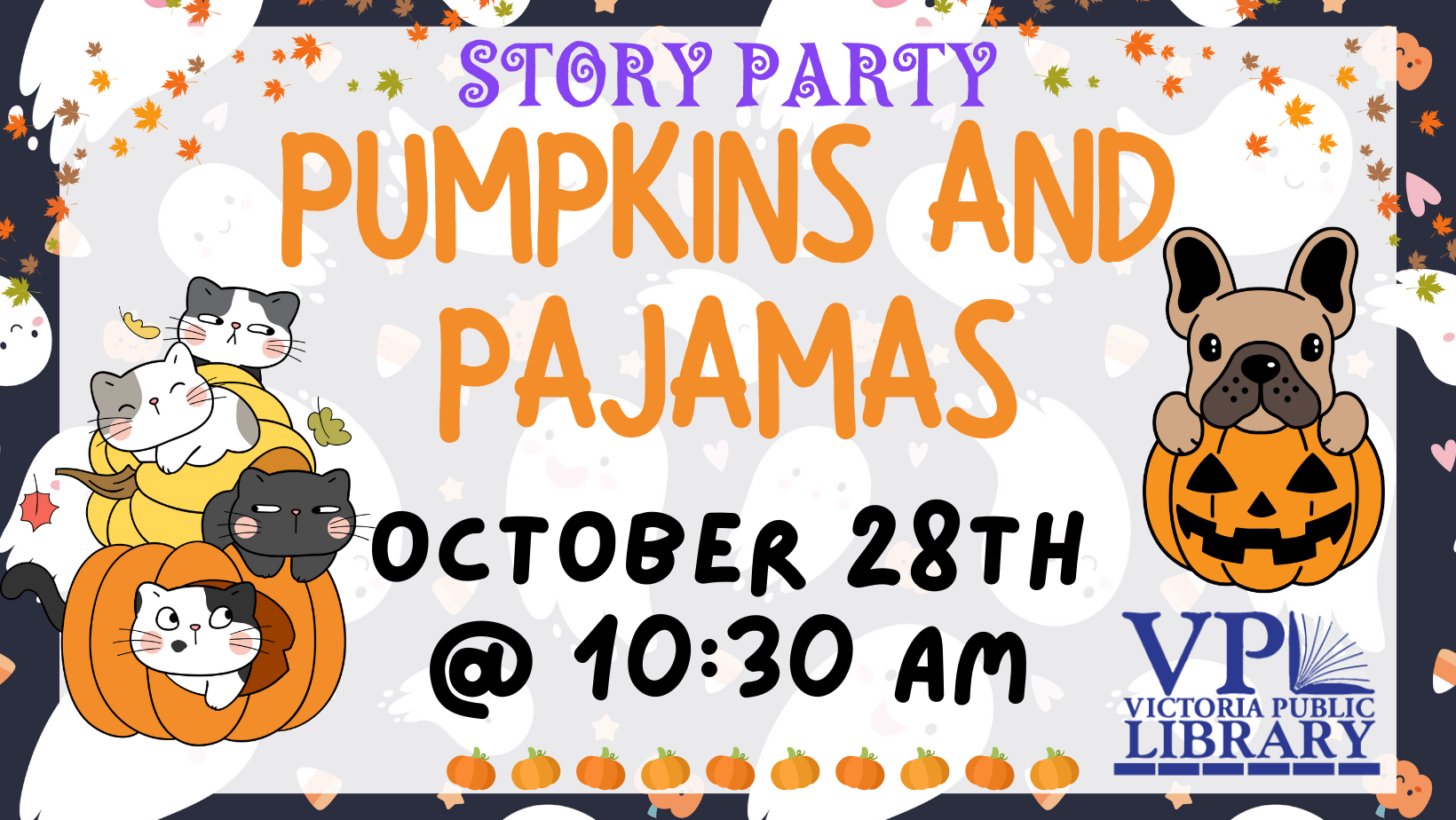 Get ready in your best spooky pajamas for this month’s story party! Story party is for children of all ages. Songs and rhymes will be great quality time for all family members. Afterward, we have a spooky craft for you to create.