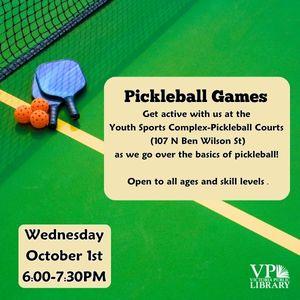 Pickleball Games, October 1st at 6pm, Youth Sports Complex